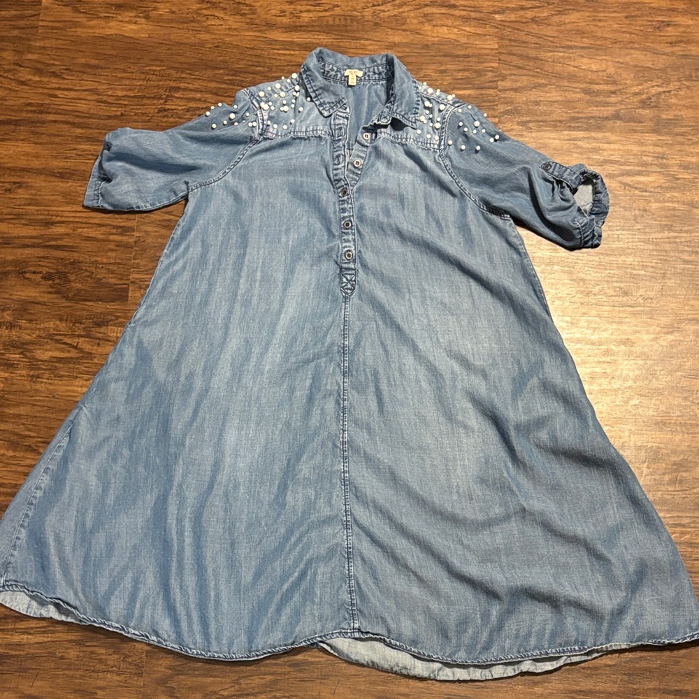 Reba Blue Denim dress with Pearl Details